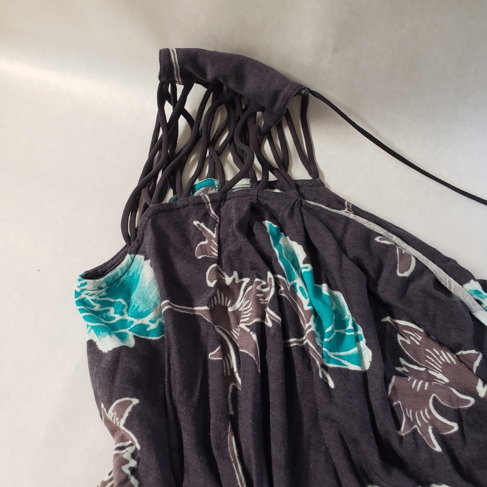 Free People Women's Size S Grey Blue Slouch Neck Strappy Shoulder Floral Top - Picture 5 of 6